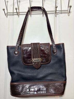 Vintage Brighton Barbados Leather Tote Shoulder Bag - Black & Croc Mahogany